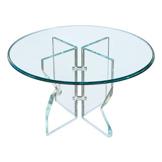 Postmodern Round Glass Dining Table With Sculptural Interlocking Lucite Pedestal Base, Late 20th Century For Sale