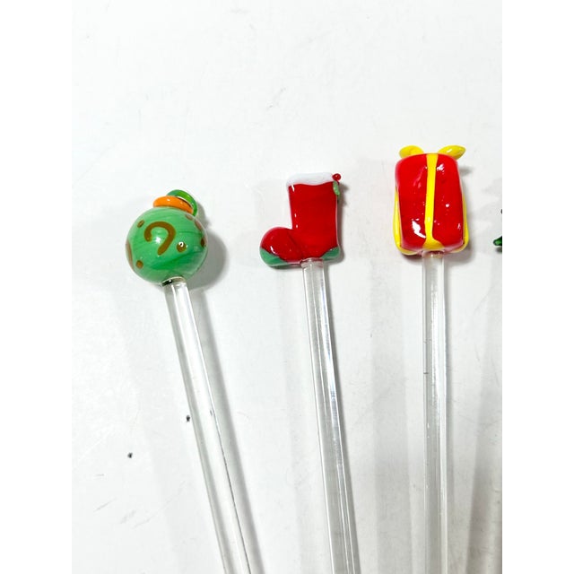 Figurative Christmas Swizzle Sticks Stirs, Blown Glass With Original Box - Set of 6 For Sale - Image 3 of 9