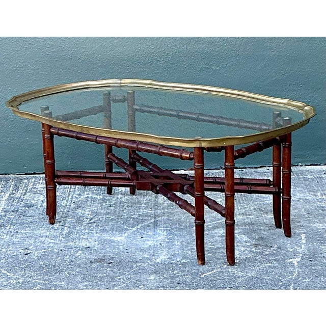 Vintage Carved Bamboo Coffee Table With Brass Framed Glass Top For Sale - Image 11 of 12