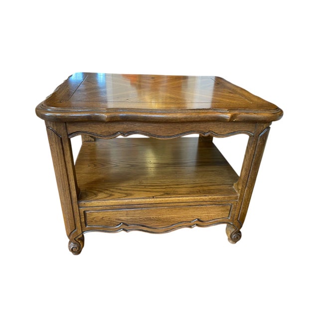 Thomasville Late 20th Century Thomasville Carved Floral Side Table With Drawer and Open Shelf For Sale - Image 4 of 11