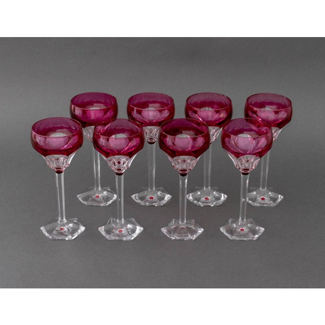 Set of Eight Val Saint Lambert Cranberry Red Cut to Clear Crystal Wine Glasses, each with etched mark to underside. 7.75"...