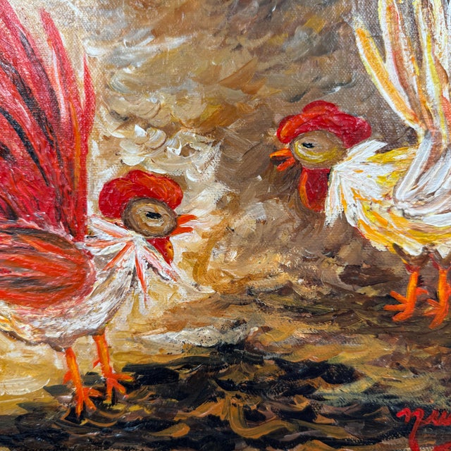 An original oil painting by Miami artist Nuria Mesa depicting two spirited roosters facing one another. Signed and dated...