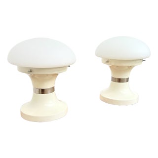 Mushroom Lamps in White Opaline Glass and Lacquered Metal, 1970s, Set of 2 For Sale