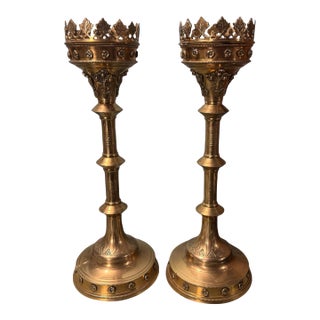 Pair of 19" Antique Gothic Church Altar Brass Gilt Finish Pricket Candlesticks For Sale