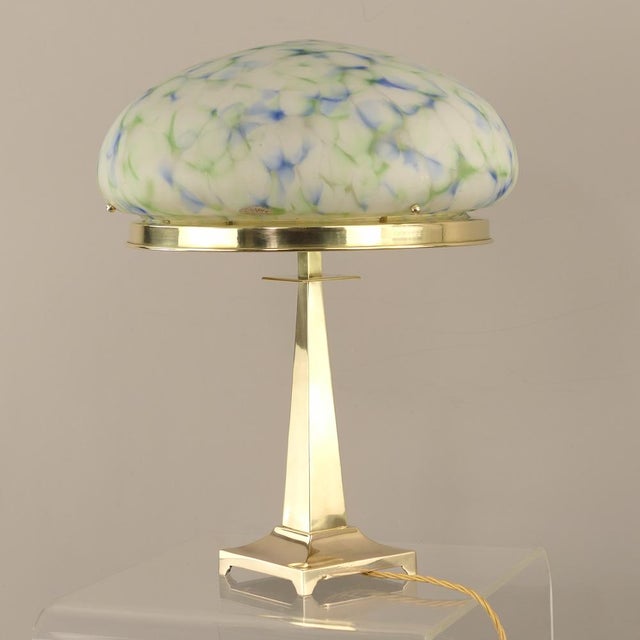 Art Deco Brass Table Lamp with Mottled Glass Shade by Geb Kunstglas, Berlin, 1925 For Sale - Image 12 of 15