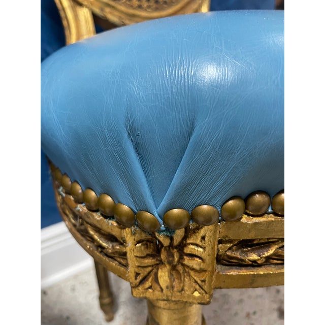 Mid 18th Century French Louis XVI Giltwood Chairs With Italian Blue Leather & Cane Backs — Pair For Sale - Image 11 of 11