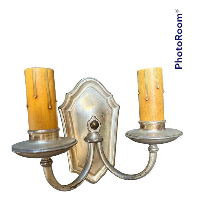 Pair Brass With Silver Plate Finish Wall Sconces, Circa 1920 For Sale - Image 4 of 8