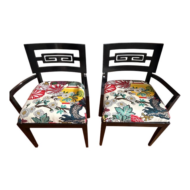 Mid 20th Century Schumacher Upholstered Greek Key Pair of Chairs For Sale