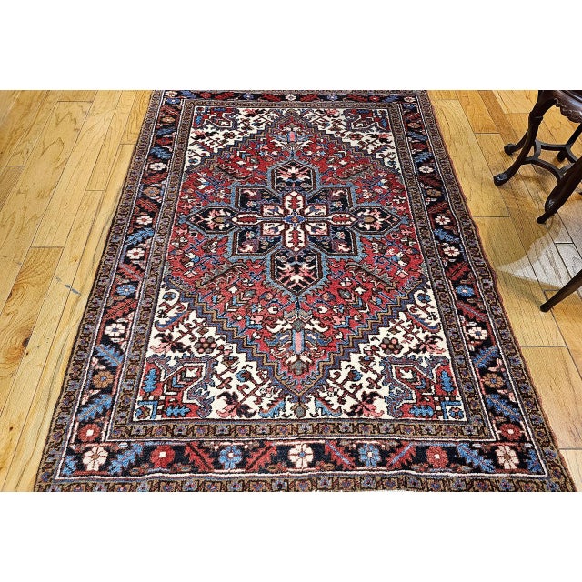 Persian Vintage Persian Heriz Rug, Hand-Knotted Wool, Geometric Medallion Pattern, Red & Navy, 5x7 For Sale - Image 3 of 15