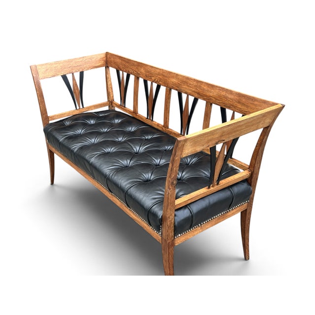 Vintage Sculpted Wood Bench With Button-Tufted Black Leather Seat For Sale - Image 10 of 12
