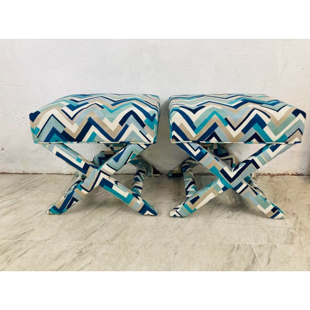 Wood X Benches, a Pair, Newly Upholstered For Sale - Image 7 of 9