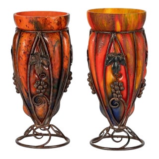 Larry Flynt Estate Provenance | Pair of French Art Deco Le Verre Francais Art Glass & Wrought Iron Vases, C. 1925 For Sale