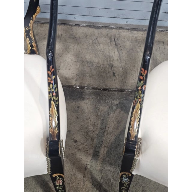 Late 20th Century Pair of Karges Hepplewhite Plum Arm Chairs Ebonized, Carved Hand Painted Leather Fabric For Sale In Cleveland - Image 6 of 11