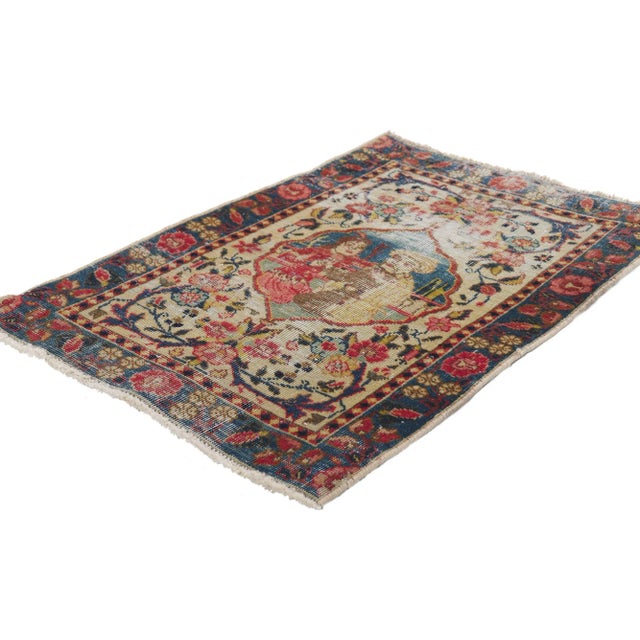 61213 Distressed Antique Persian Tabriz Pictorial Rug, 01'08 x 02'05. This hand-knotted wool distressed antique Persian...