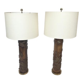 Vintage Wood and Metal Wallpaper Roller Table Lamps -a Pair For Sale