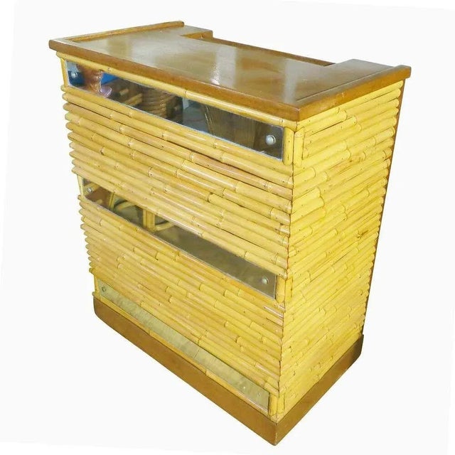 Mid-Century Modern Restored Mirror Front Stacked Rattan Bar & Mahogany Top, 1940 For Sale - Image 3 of 8