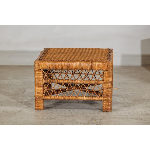 Wood Vintage Country Style Low Rectangular Rattan Coffee Table with Lattice Base For Sale - Image 7 of 12