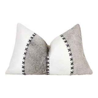 Luxury Genuine Cowhide Leather Throw Pillow With Hand-Laced Stitching 16x24 | Handmade Designer Lumbar Cushion For Sale