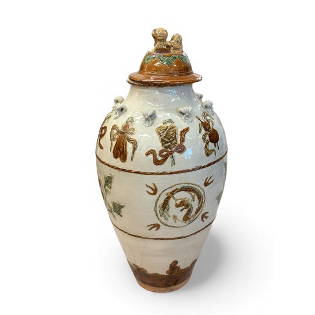 Magnificent Sancai Glazed Hand-Painted Pottery Funerary Urn With Foo Dog Finial For Sale - Image 4 of 7