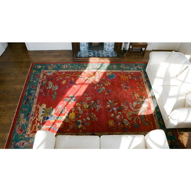 1920s Red Floral Vase Antique Chinese Art Deco Carpet 9' X 11' 8'' Handknotted Wool Rug For Sale - Image 12 of 12
