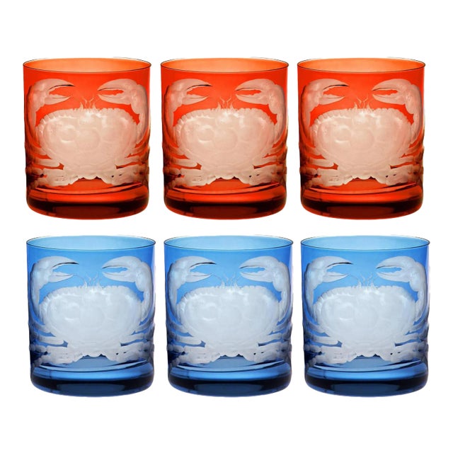 ARTEL Crab Double Old Fashioned Glasses in Burnt Orange and Blue - Set of 6 For Sale