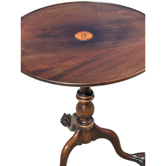 Antique George III Mahogany Tilt-Top Tea Table With Satinwood Inlay & Ball-and-Claw Feet | Birdcage Tripod Base For Sale - Image 11 of 13