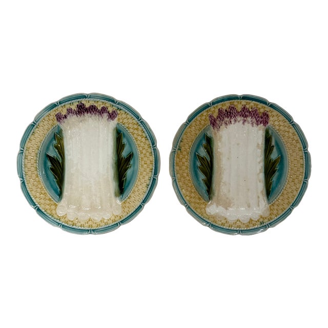 Pair of Antique French Barbotine Asparagus Majolica Plates, Circa 1900 For Sale