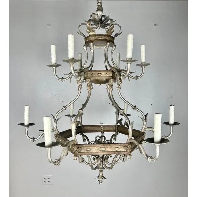 Monumental Two-Tiered 12-Light Silvered Chandelier W/ Crown For Sale - Image 9 of 9