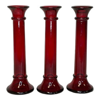 1930s Depression Era Pressed Glass Ruby Red Candle Holders - Set of 3 For Sale