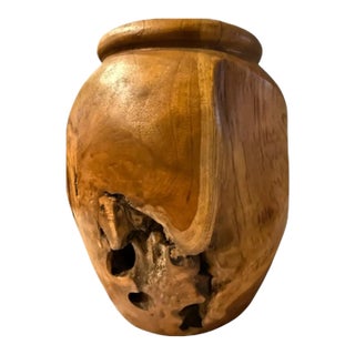 Handcrafted Wabi Sabi Turned Teak Root Wood Urn Vessel With Organic Natural Knots and Voids For Sale