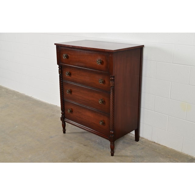 English Kindel Furniture American Empire Carved Mahogany Four-Drawer Highboy Dresser, Circa 1960s For Sale - Image 3 of 12