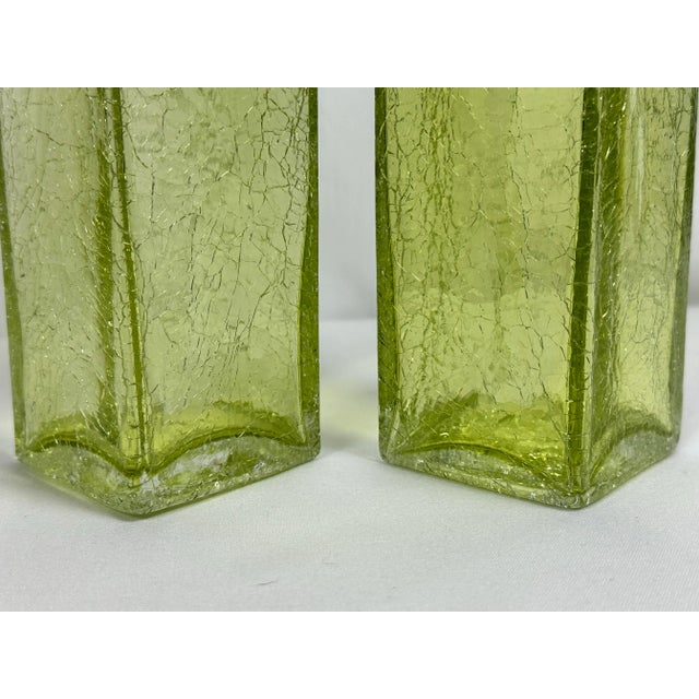 Mid 20th Century Art Glass MCM Pale Yellow Green Crackle Glass Rectangular 10" Vintage Vases-Pair For Sale - Image 5 of 9