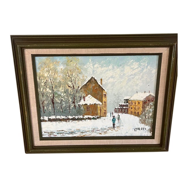 Vintage Oil Painting 1976Winter Village Scene Signed Preski Framed Original Art For Sale