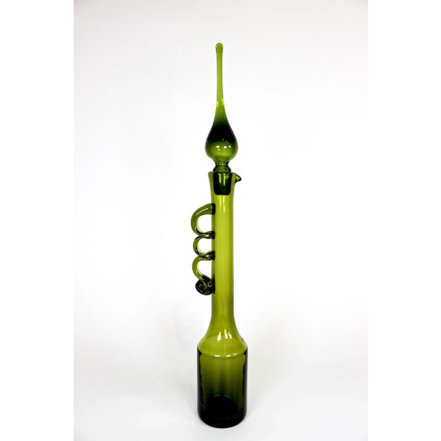 1960's Hand Blown Green Glass Decanter With Flame Tip Stopper For Sale - Image 10 of 11