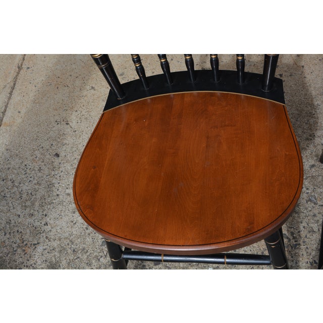 Hitchcock Pair of Mid 20th Century Hitchcock Black W/ Brown Seat Gold Stenciled Fruits Harvest Dining Chairs For Sale - Image 4 of 15