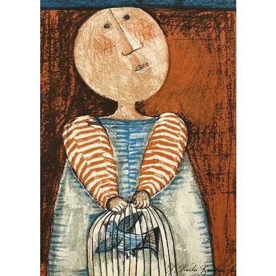 Title: Enfant et oiseau 5 Artist: Graciela Boulanger Country: Bolivia Medium: Original Lithograph Marks: Signed in plate,...
