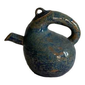 20th Century Artist Signed Mottled Blue Green Glaze Studio Pottery Pitcher Tea Pot With Lid Studio Pottery