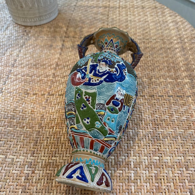 Japanese Antique Japanese Double Handled Moriage Satsuma Vase For Sale - Image 3 of 12