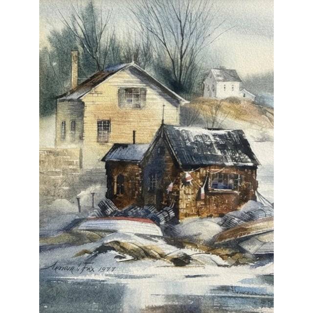 A beautifully atmospheric 1977 original watercolor attributed to Massachusetts artist Arthur Fox (1933–2019), depicting a...