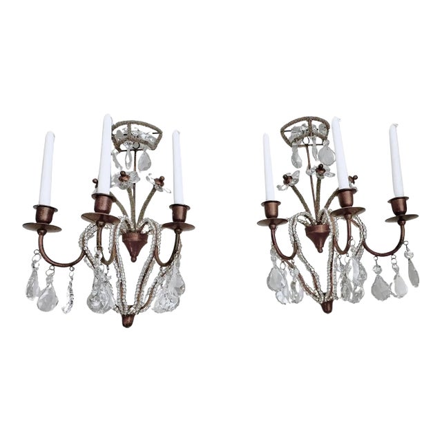 Pair of Bagues Style Crystal Beaded Candle Wall Sconces For Sale