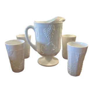 White Milk Glass Colony Harvest Grape Pitcher and 4 Tumblers For Sale