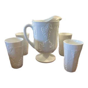 White Milk Glass Colony Harvest Grape Pitcher and 4 Tumblers