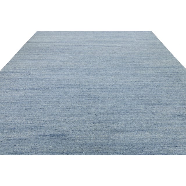 Scandinavian Style Solid Blue Flat Weave Rug - Minimalist & Reversible Design For Sale - Image 10 of 11