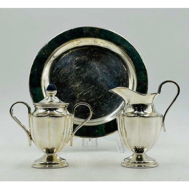 Silver 1960s Los Castillo Taxco Silver Azurite Malachite Creamer Sugar Tray Set, Mexican Mod For Sale - Image 8 of 18