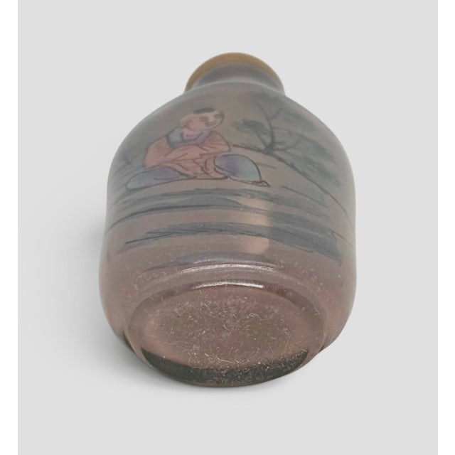 Glass Early 20th‑Century Chinese Inside‑Painted Purple Glass Snuff Bottle — Two Miniature Figures, Agate Stopper For Sale - Image 7 of 12