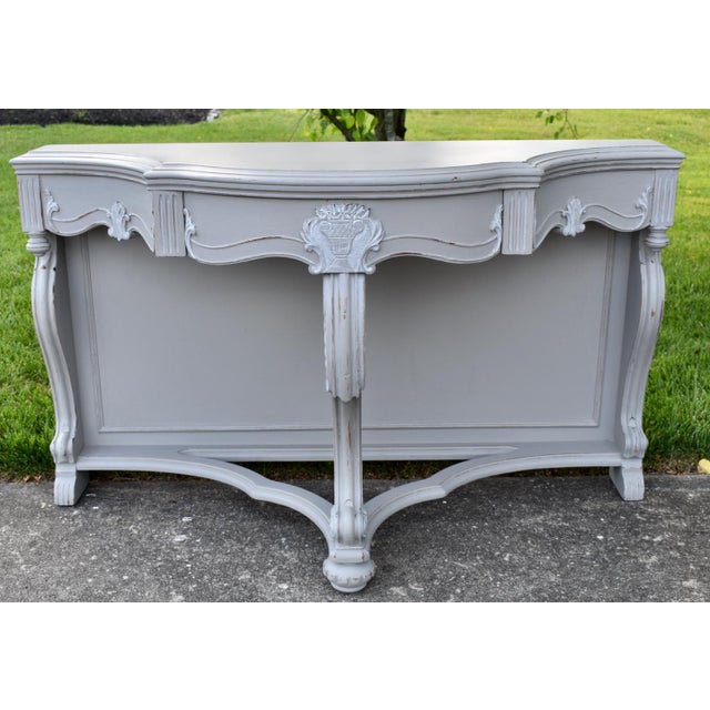 Antique Walnut Carved Hollywood Regency Style Console Table Painted Gray/Distres For Sale - Image 13 of 15