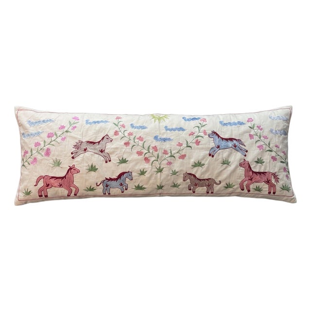 Pink Horse Suzani Lumbar Pillow Cover 18'' X 53'' For Sale