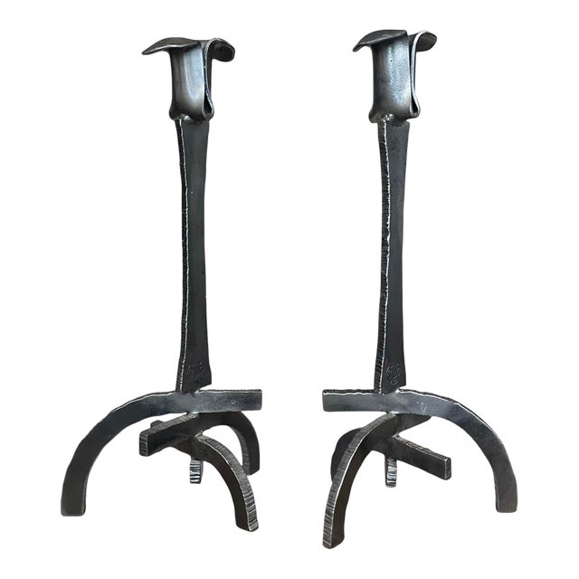 Brutalist Torch Cut Candlestick Holders With Blacksmith Makers Mark For Sale