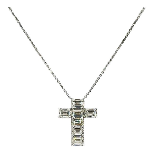 Gia Emerald Cut White Diamond Cross Pendant Necklace in 18k White Gold For Sale