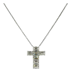 Gia Emerald Cut White Diamond Cross Pendant Necklace in 18k White Gold